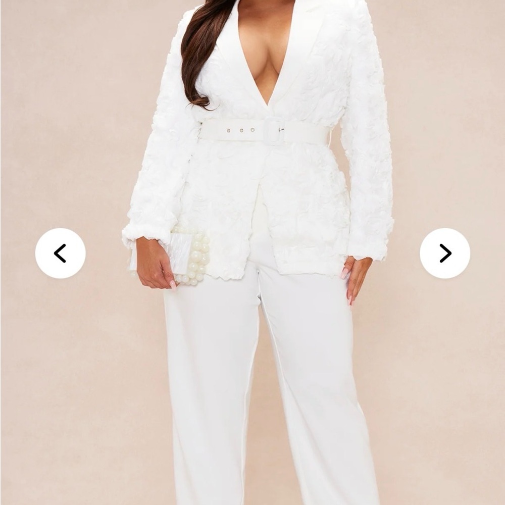 White Textured Plunge Jumpsuit with Belt
